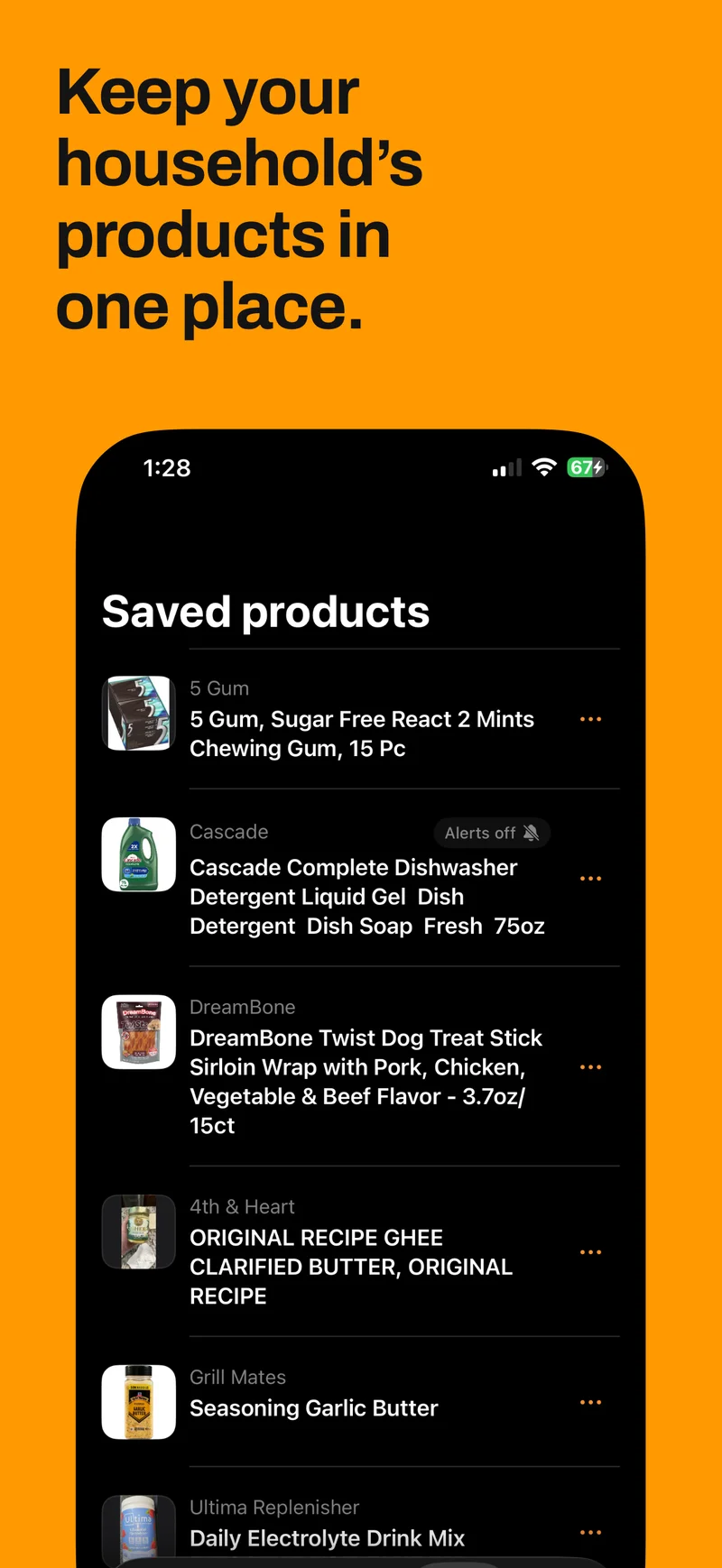 An orange-backed view of RecallRelay’s saved products list. Saved products require RecallRelay Plus.