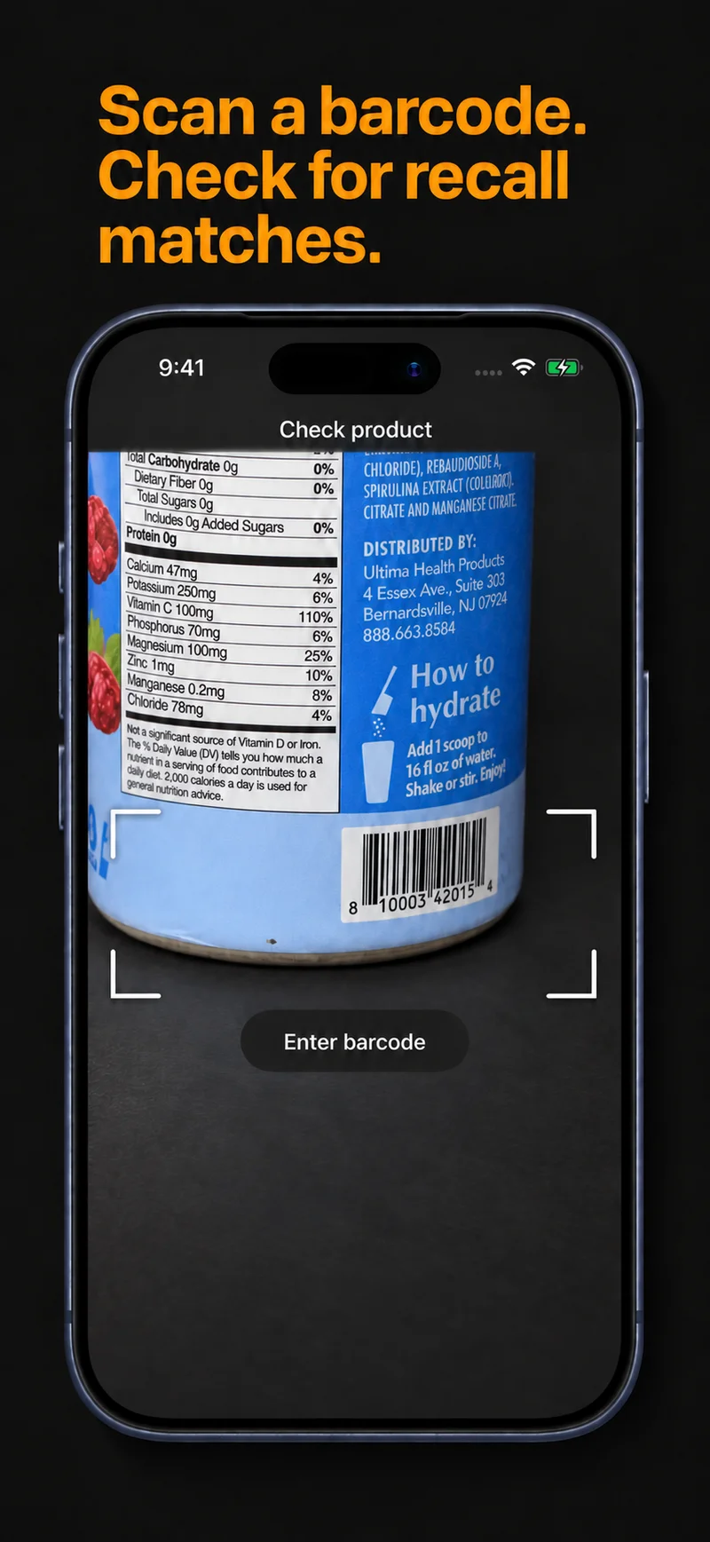 RecallRelay’s barcode scanner framing a food product barcode. Scanning requires RecallRelay Plus.